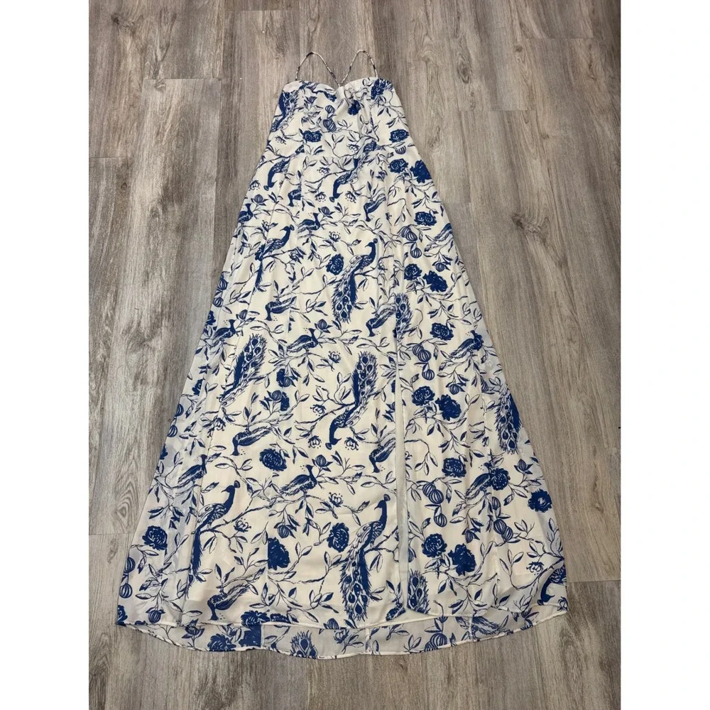 Abercrombie & Fitch Blue White Peacock Toile Maxi Dress XL Lace Up Back Slit